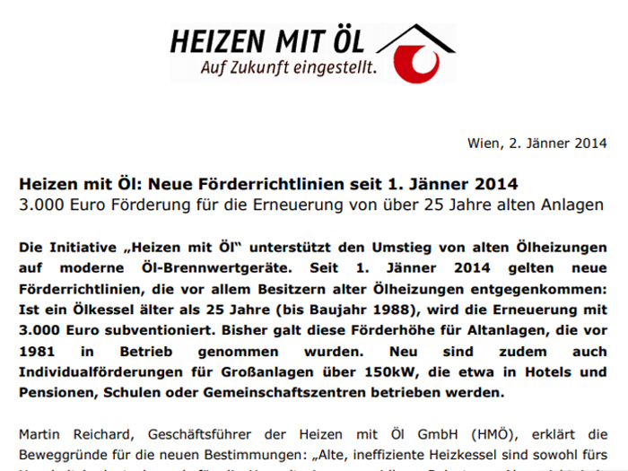 Heizen mit Öl: Neue Förderrichtlinien seit 1. Jänner 2014